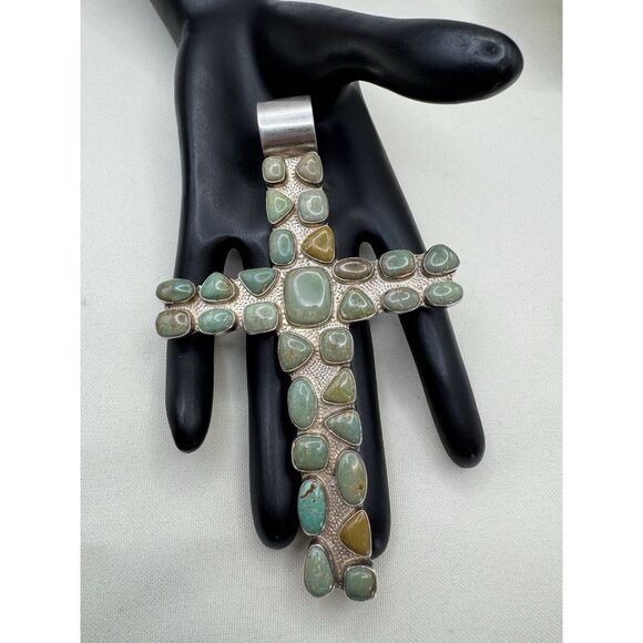 DTR Jay King Sterling Silver & Turquoise Large Cross Pendant 5 Inches Long - Picture 1 of 8